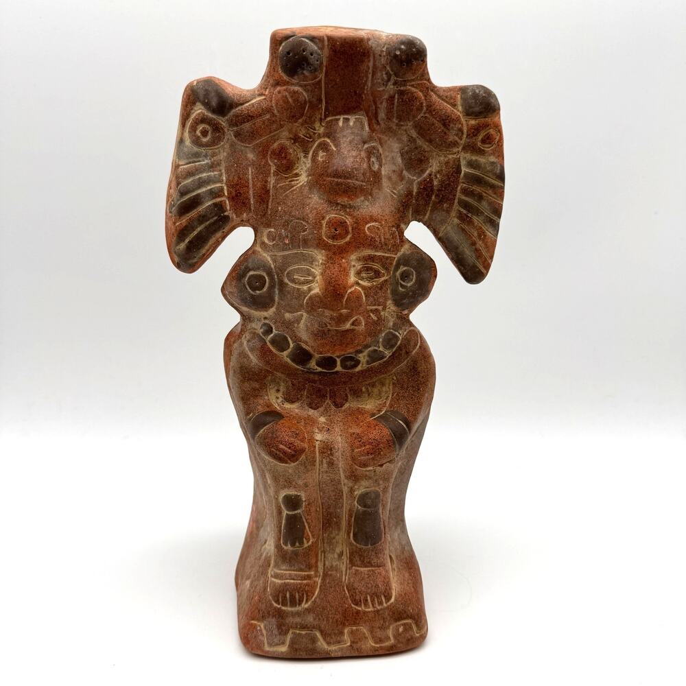 Vintage Mexico Aztec Columbian Style Pottery Figurine Ceremonial Headdress